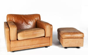 MORAN: Pair of modern style tan leather armchairs with matching footstools