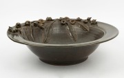 Studio pottery bowl decorated with applied gumnuts and leaves, glazed in dark green 14cm high, 44.5cm diameter - 3