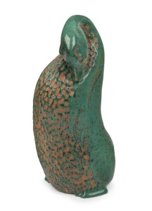 KLYTIE PATE green glazed bird statue, incised "Klytie Pate", 21.5cm high