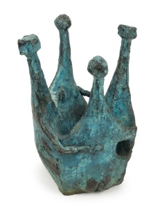 GUS McLAREN blue glazed pottery sculpture of four figures, 31cm high. PROVENANCE: Purchased from Betty McLaren sale at Merimbula N.S.W.