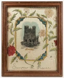 Souvenir D'France "Amiens", souvenir silk handkerchief in later frame, WW1 period, 52 x 42cm overall