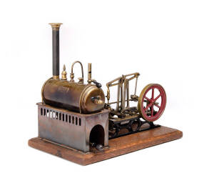 ERNST PLANK: Live steam model beam engine with makers plaque, late 19th century. Plank is credited with producing some of the earliest & finest model steam engines. Mounted on oak board. Width 32cm, depth 19cm, height 28cm