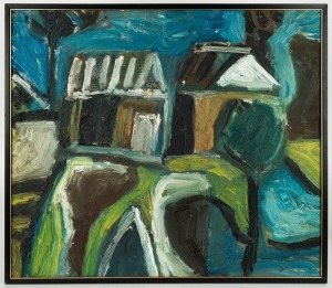 MARK HOWSON&nbsp;(1961 - ), untitled street scene, (Raw Group), acrylic on board, 55 x 64cm, 58 x 67cm overall