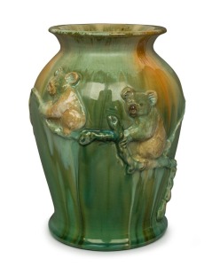 REMUED rare green glazed pottery vase with koala and branch decoration, incised "Remued Hand Made, F8", 23.5cm high
