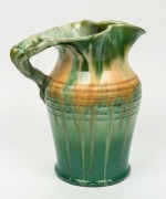 REMUED green glazed pottery jug with branch handle,&nbsp; incised "Remued 54L",&nbsp; 26cm high&nbsp; - 3