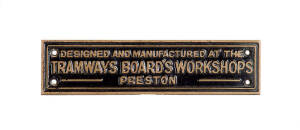 MELBOURNE & METROPOLITAN TRAMWAYS BOARD: "Designed and manufactured at the TRAMWAY BOARD'S WORKSHOPS Preston". From W2 Class tram 433.5 x 19.5cm. Excellent condition. 433 entered service as a W1 in 1927; converted to W2, 1937; now in private hands in the 