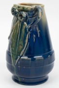 PAMELA blue and green glazed pottery vase with applied gumnuts, leaves and branch handle,  incised "Pamela Hand Made",  21cm high  - 2