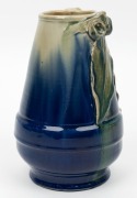 PAMELA blue and green glazed pottery vase with applied gumnuts, leaves and branch handle,  incised "Pamela Hand Made",  21cm high  - 4