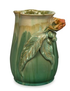 REMUED green glazed pottery vase with applied gumnuts and leaves and orange glazed handle, incised "Remued 36M",  ​​​​​​​21cm high 