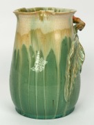 REMUED&nbsp;green glazed pottery vase with applied gumnuts and leaves and orange glazed handle, incised "Remued&nbsp;36M",&nbsp; ​​​​​​​21cm high&nbsp; - 2