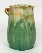 REMUED&nbsp;green glazed pottery vase with applied gumnuts and leaves and orange glazed handle, incised "Remued&nbsp;36M",&nbsp; ​​​​​​​21cm high&nbsp; - 3