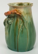 REMUED&nbsp;green glazed pottery vase with applied gumnuts and leaves and orange glazed handle, incised "Remued&nbsp;36M",&nbsp; ​​​​​​​21cm high&nbsp; - 4