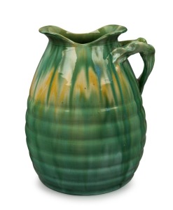 REMUED impressive green and yellow glazed pottery vase with applied branch handle and banded decoration,  incised "Remued 217/12",  an imposing 32cm high 