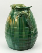 REMUED impressive green and yellow glazed pottery vase with applied branch handle and banded decoration,&nbsp; incised "Remued 217/12",&nbsp; an imposing 32cm high&nbsp; - 2