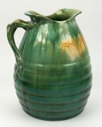 REMUED impressive green and yellow glazed pottery vase with applied branch handle and banded decoration,&nbsp; incised "Remued 217/12",&nbsp; an imposing 32cm high&nbsp; - 3