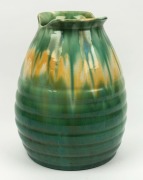 REMUED impressive green and yellow glazed pottery vase with applied branch handle and banded decoration,&nbsp; incised "Remued 217/12",&nbsp; an imposing 32cm high&nbsp; - 4