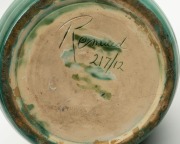 REMUED impressive green and yellow glazed pottery vase with applied branch handle and banded decoration,&nbsp; incised "Remued 217/12",&nbsp; an imposing 32cm high&nbsp; - 5