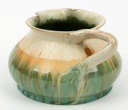 REMUED green and cream glazed pottery jug with branch handle,&nbsp; incised "Remued 173L",&nbsp; 10cm high, 18cm wide - 2