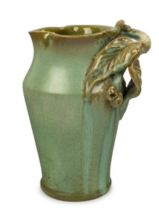 REMUED green glazed pottery vase with applied gumnuts, leaves and branch handle, incised "Remued Hand Made 54/8M", ​​​​​​​22cm high 