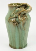 REMUED green glazed pottery vase with applied gumnuts, leaves and branch handle, incised "Remued Hand Made 54/8M", ​​​​​​​22cm high&nbsp; - 2
