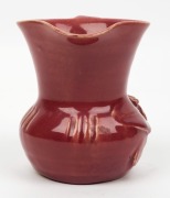 REMUED early full pink glaze pottery jug with applied gumnuts, leaves, branch handle and scratching,  incised "Remued", ​​​​​​​10cm high  - 2