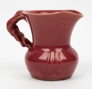 REMUED early full pink glaze pottery jug with applied gumnuts, leaves, branch handle and scratching,  incised "Remued", ​​​​​​​10cm high  - 3