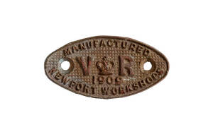VICTORIAN RAILWAYS: &ldquo;VR. Manufactured Newport Workshops 1909&rdquo;, with crown logo. Oval, 5.5 x 11cm. &nbsp;