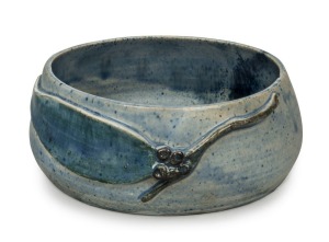 MERRIC BOYD blue glazed pottery bowl with applied gumnuts and leaf, incised "Boyd, Old Bridge Australia, 1931, Gum Leaf & Seeds", 6cm high, 16cm wide