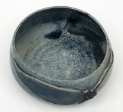 MERRIC BOYD blue glazed pottery bowl with applied gumnuts and leaf,  incised "Boyd, Old Bridge Australia, 1931, Gum Leaf & Seeds", 6cm high, 16cm wide - 2