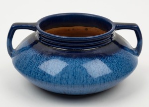 MELROSE WARE blue glazed pottery two handled vase,  10cm high, 23cm wide