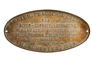 EMU BAY RAILWAY, TASMANIA: plate for GARRAT loco 13. Large, oval, 24.5 x 47cm, made by Beyer, Peacock & Co. Ltd, Manchester, 1929. Builder&rsquo;s number 6581 &ndash; ran as EBR 13.