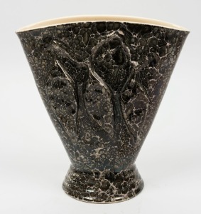KERRYL fan shaped pottery vase with gumnut decoration and unusual glaze, incised "A86/4", 26cm high