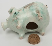 Pottery piggy bank with green mottled glaze,&nbsp; 11cm high, 16cm long&nbsp; - 3