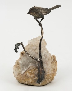 MIKE HAMMOND "THORNBILL" sterling silver bird ornament mounted on natural crystal specimen, bearing silver maker's plaque to base, 12cm high