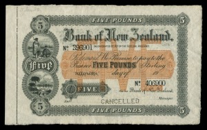 BANK OF NEW ZEALAND, Five Pounds sterling, Wellington, (19- printed), discordant numbers No.396901 - No.406900, printed both sides, officially perforated 'CANCELLED', imprint of Bradbury Wilkinson & Co.Ld. Engravers & c. London, '15 Jan '02' handwritten i
