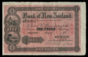 BANK OF NEW ZEALAND, sixth issue, printer's specimen, One Pound, Wellington, not dated 19.., discordant serial numbers E300001 - E400000, printed both sides, imprint of Bradbury, Wilkinson & Co. Engravers & c. London, perforated 'SPECIMEN'; dated 'July 1913' at upper left. Extremely fine and rare.