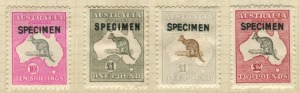 Kangaroos - First Watermark: A range on old-time album pages (quite heavily hinged) comprising ½d - 5d 1st wmk CTO; 9d, 1/-, 2/- and 5/- 1st wmk CTO; 6d pale blue, 6d chestnut, 2/- Maroon 3rd wmk CTO; and 3rd wmk SPECIMEN OVERPRINTS 10/- Type B, £1 Brown 