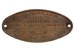 South Australia: Plate for 400 Class narrow-gauge GARRAT No. 403. Built by Soci&eacute;t&eacute; Franco-Belge under licence from Beyer, Peacock, 1953. 403 Operated heavy ore trains Port Pirie-Broken Hill, and was condemned in 1969. Oval, 17 x 34cm.