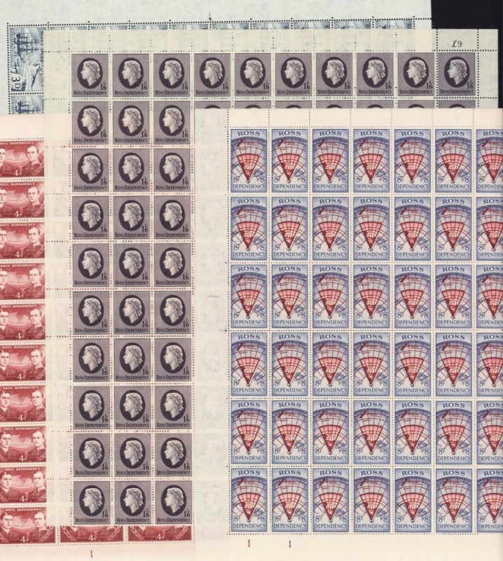 NEW ZEALAND: ROSS DEPENDENCY: 1957 (SG.1-4) 3d HMS Erebus, 4d Shackleton & Scott and 8d Map, all in complete sheets of 120 with De La Rue imprints, Plate numbers and value corners; also, the 1/6 Queen, (120) in large part sheet plus blocks with imprint, p