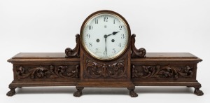 JUNGHANS vintage German mantle clock in unusual carved oak case with storage box compartments, time and strike movement with Arabic numerals, early 20th century, ​​​​​​​33cm high, 75cm wide