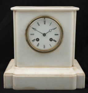 An antique French table clock in white marble case with eight day time and strike movement and Roman numerals, 19th century, 22cm high
