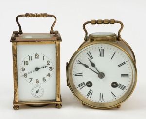 Two French travel clocks, one in circular case with eight day bell striking movement and original lever platform escapement; the other with eight day time and alarm function with original cylinder escapement, 19th/20th century, 14cm and 13cm high