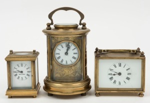 Three assorted clocks comprising, a French miniature carriage clock timepiece, a vintage French timepiece carriage clock, and a Chinese circular carriage clock with decorative enamel panels, 20th century, the largest 17cm high