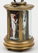 Three assorted clocks comprising, a French miniature carriage clock timepiece, a vintage French timepiece carriage clock, and a Chinese circular carriage clock with decorative enamel panels, 20th century, the largest 17cm high - 2