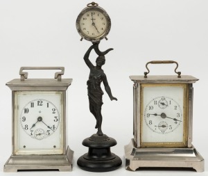 Three antique clocks, two American nickel plated carriage clocks with alarm movements, the other a German timepiece on figural cast spelter base, early 20th century, the largest 29cm high