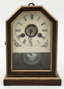 An antique American timber cased clock, eight day time and strike movement with alarm function, 19th century, unusual small size 23.5cm high