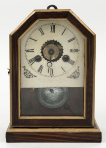 An antique American timber cased clock, eight day time and strike movement with alarm function, 19th century, ​​​​​​​unusual small size 23.5cm high