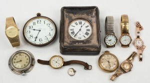 Assorted watches and clocks including a vintage automotive clock, and a silver cased travel piece, 19th and 20th century, (11 items), the silver case 12cm high