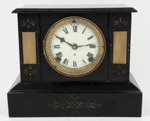 ANSONIA antique American mantle clock in ebonised and gilt decorated metal case, time and strike movement with Roman numerals, 19th century, 24cm high