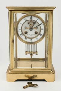 An antique French four glass library clock with mercury compensated pendulum, open escapement, enamel dial and Roman numerals, 19th century, ​​​​​​​27cm high